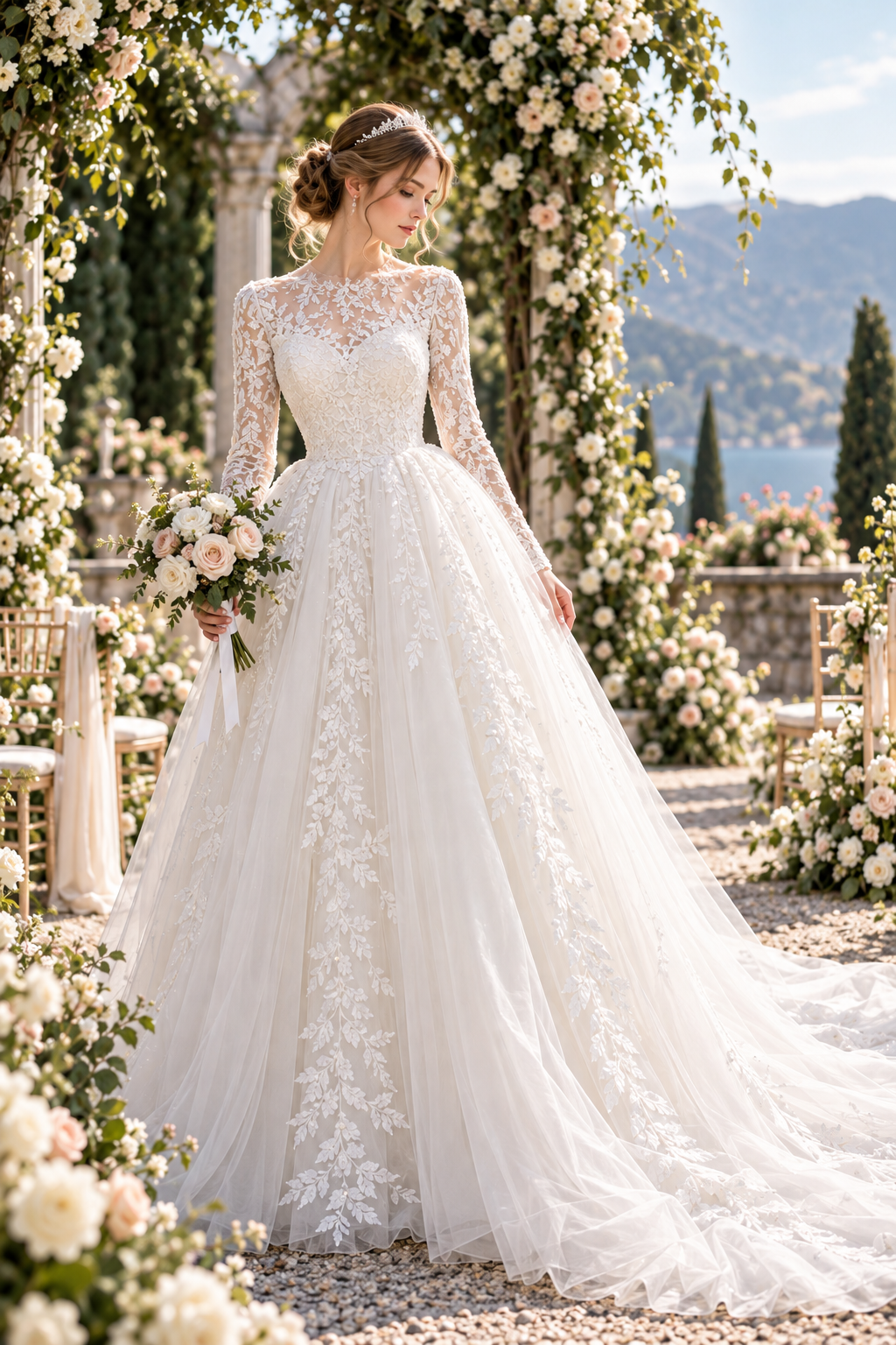 Llaea Elowen Long Sleeve Lace A-Line Wedding Dress with Floral Appliqué