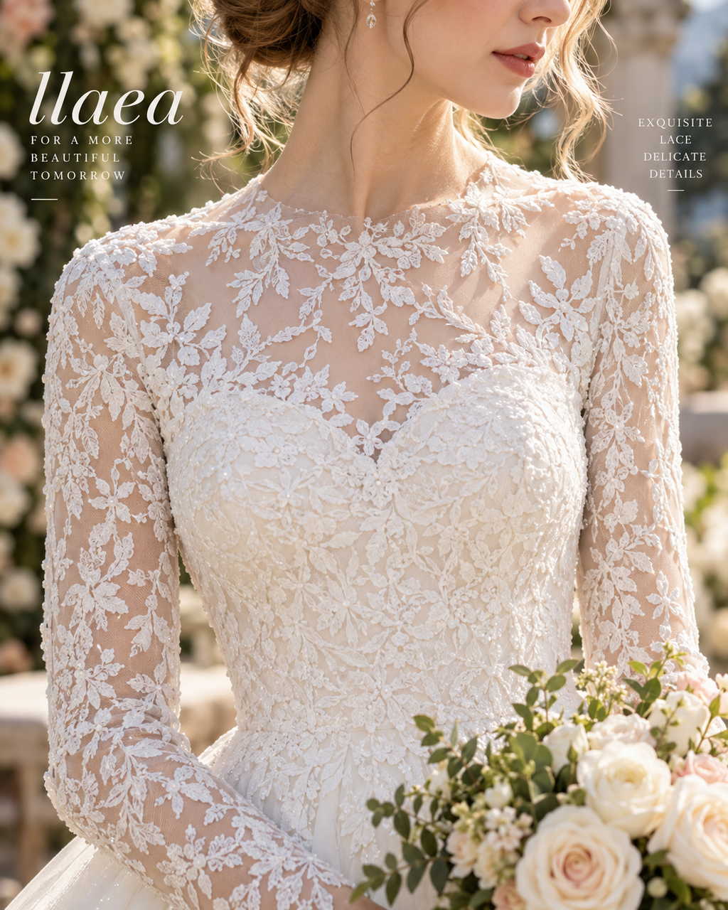 Llaea Elowen Long Sleeve Lace A-Line Wedding Dress with Floral Appliqué