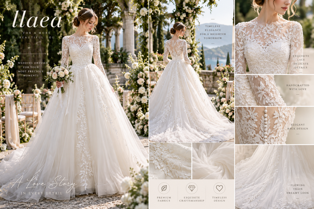 Llaea Elowen Long Sleeve Lace A-Line Wedding Dress with Floral Appliqué