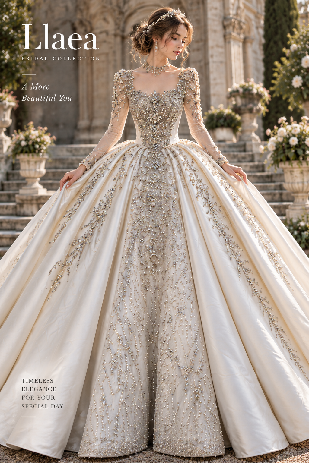 Llaea Aurelia Luxury Beaded Long Sleeve Ball Gown Wedding Dress