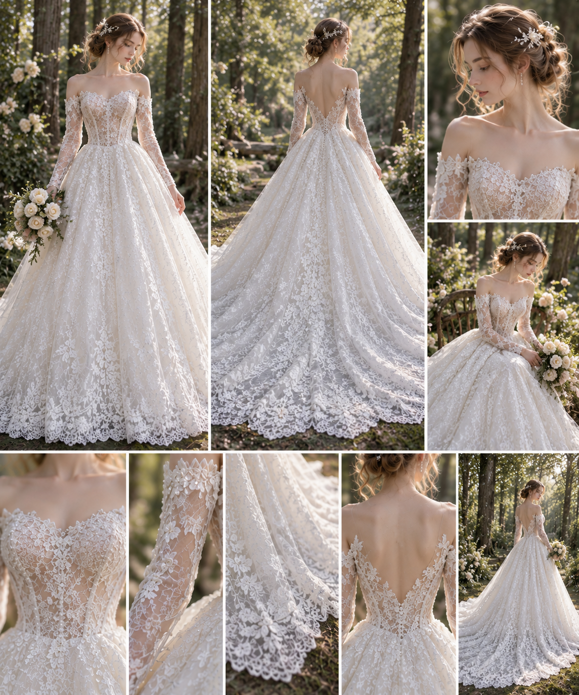 Llaea Evelina Off-Shoulder Long Sleeve Lace A-Line Wedding Dress with Cathedral Train