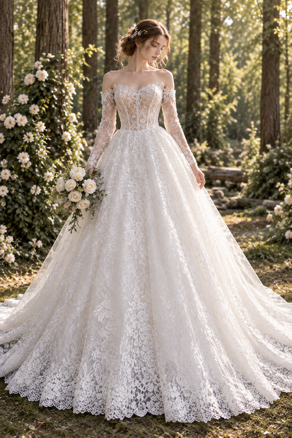 Llaea Evelina Off-Shoulder Long Sleeve Lace A-Line Wedding Dress with Cathedral Train