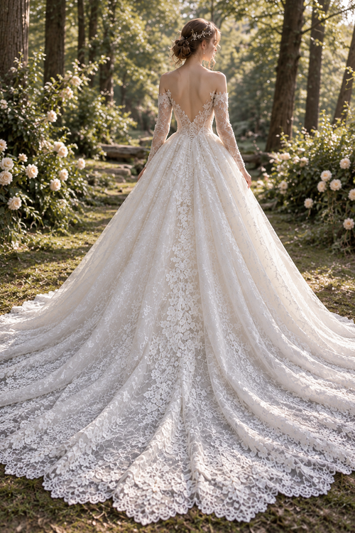Llaea Evelina Off-Shoulder Long Sleeve Lace A-Line Wedding Dress with Cathedral Train