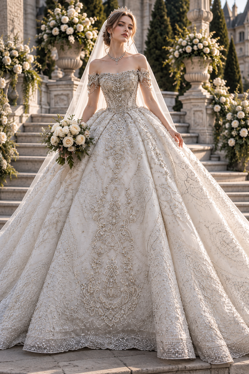Llaea Evelina Off-Shoulder Long Sleeve Lace A-Line Wedding Dress with Cathedral Train