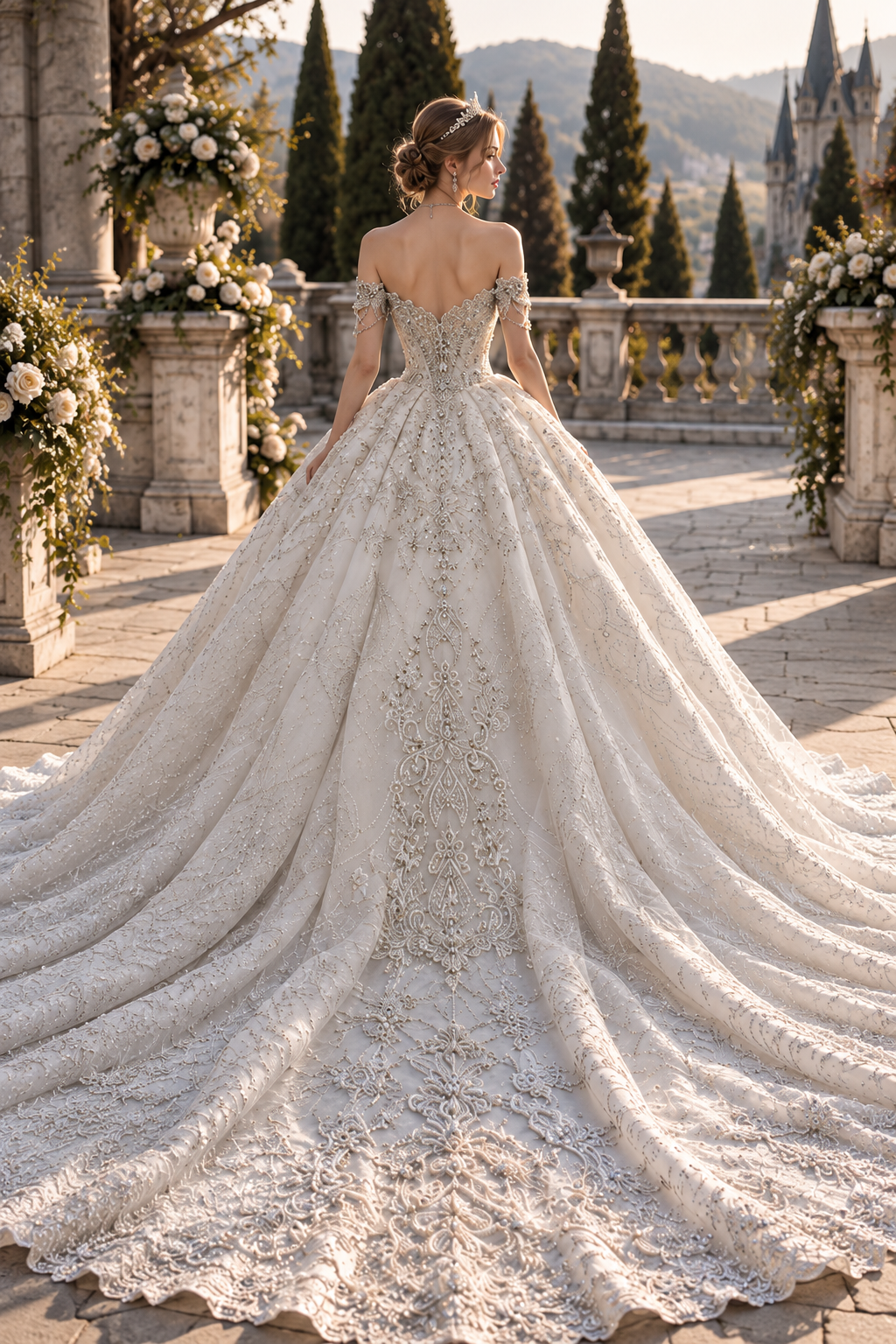 Llaea Evelina Off-Shoulder Long Sleeve Lace A-Line Wedding Dress with Cathedral Train