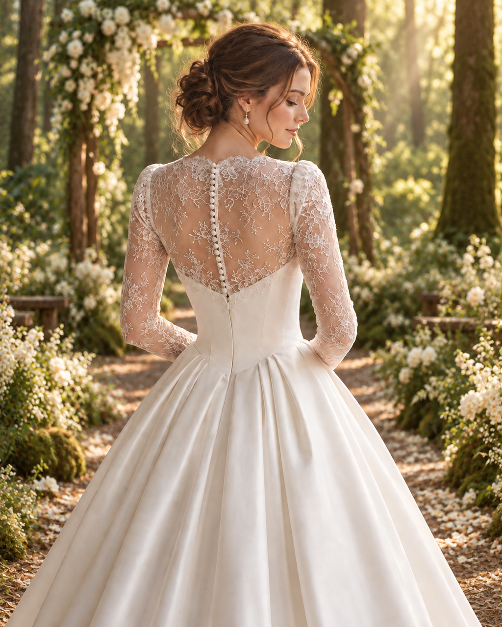 Ivory Long Sleeve Lace Wedding Dress, Illusion Neckline Satin Ball Gown with Cathedral Train