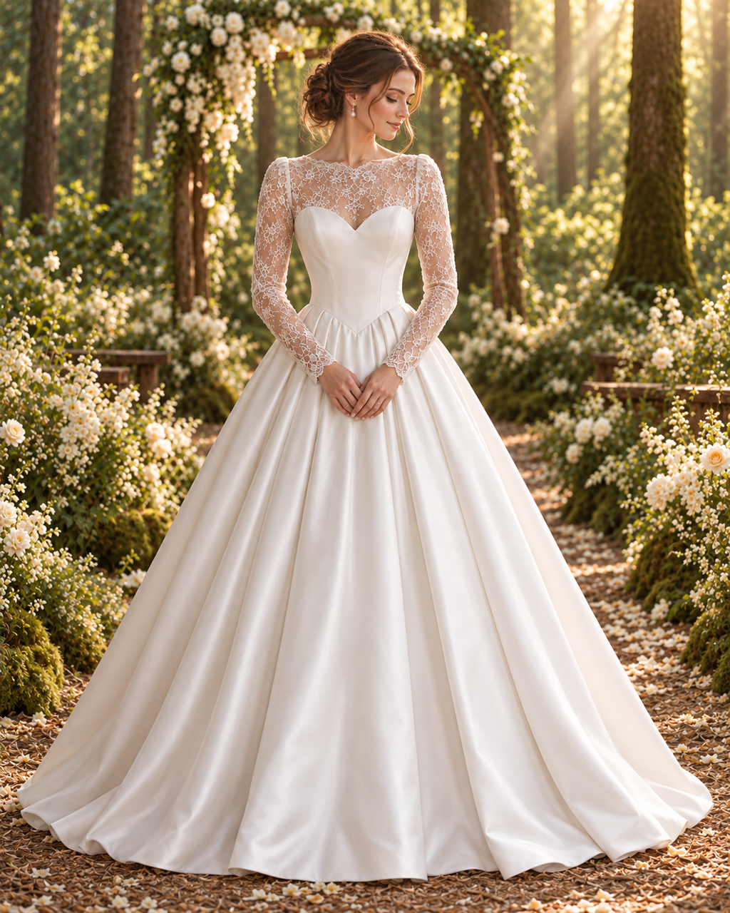 Ivory Long Sleeve Lace Wedding Dress, Illusion Neckline Satin Ball Gown with Cathedral Train