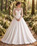 Ivory Long Sleeve Lace Wedding Dress, Illusion Neckline Satin Ball Gown with Cathedral Train