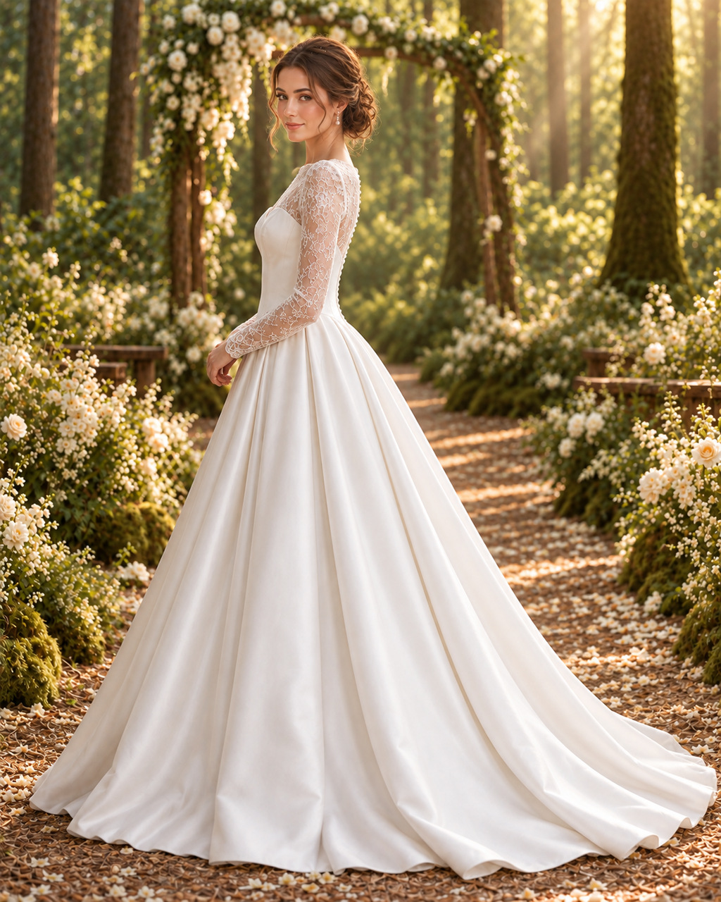 Ivory Long Sleeve Lace Wedding Dress, Illusion Neckline Satin Ball Gown with Cathedral Train