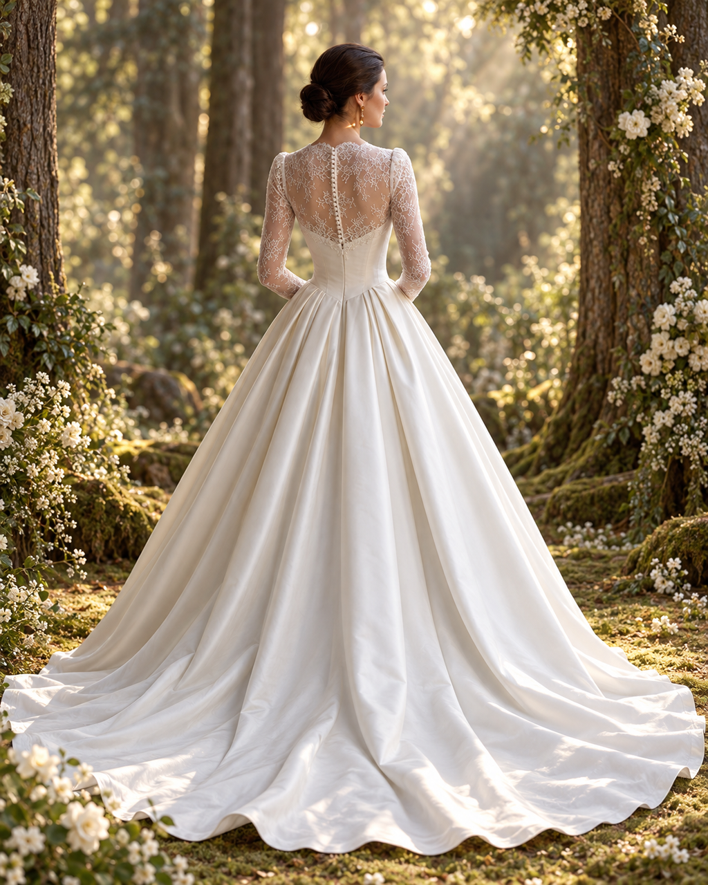 Ivory Long Sleeve Lace Wedding Dress, Illusion Neckline Satin Ball Gown with Cathedral Train