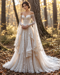 Off Shoulder Lace Wedding Dress with Cape Sleeves, Corset Bridal Gown, Romantic A-Line Wedding Dress with Long Train