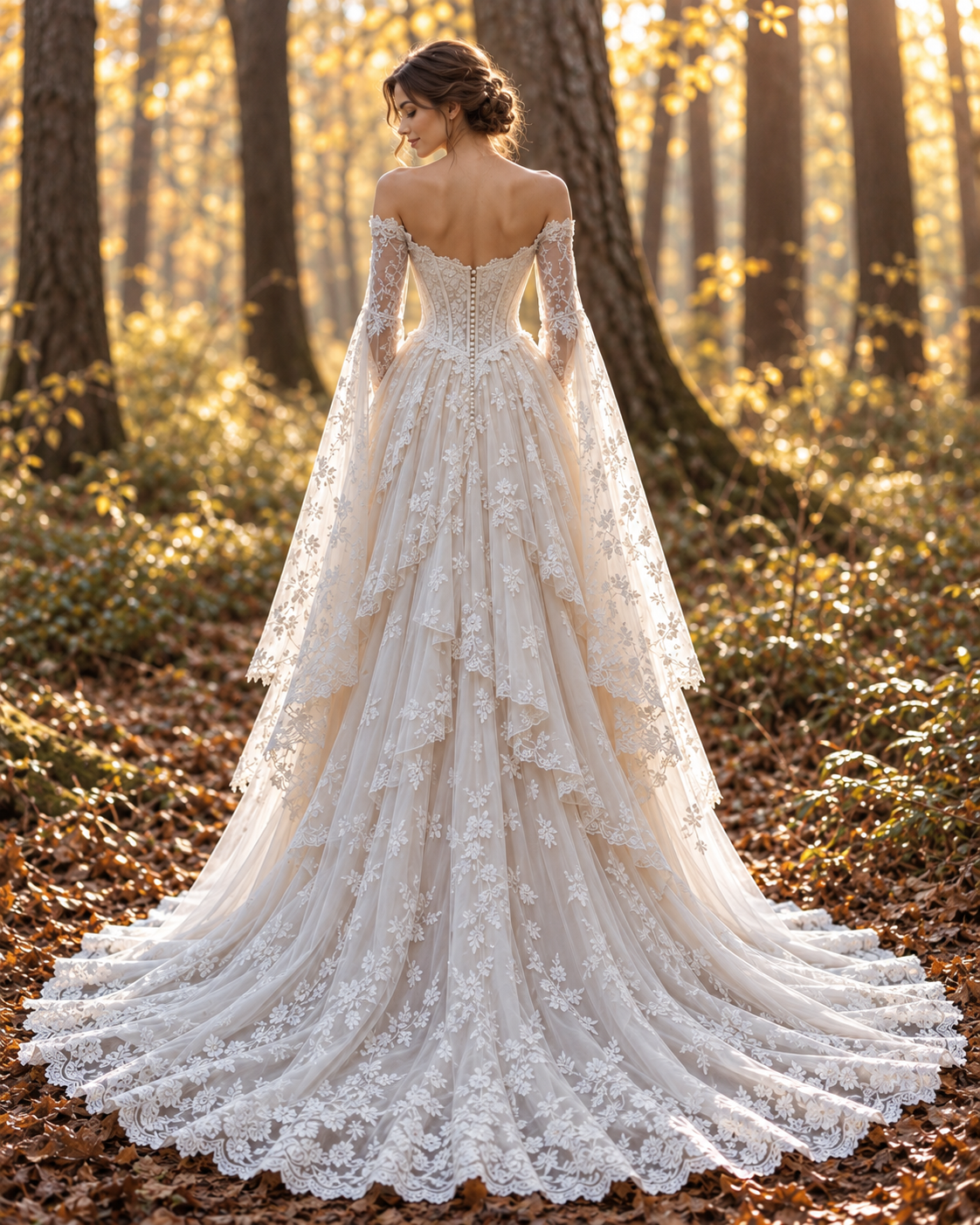 Off Shoulder Lace Wedding Dress with Cape Sleeves, Corset Bridal Gown, Romantic A-Line Wedding Dress with Long Train
