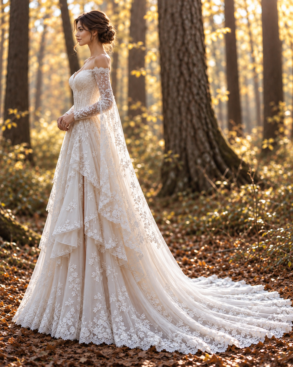 Off Shoulder Lace Wedding Dress with Cape Sleeves, Corset Bridal Gown, Romantic A-Line Wedding Dress with Long Train