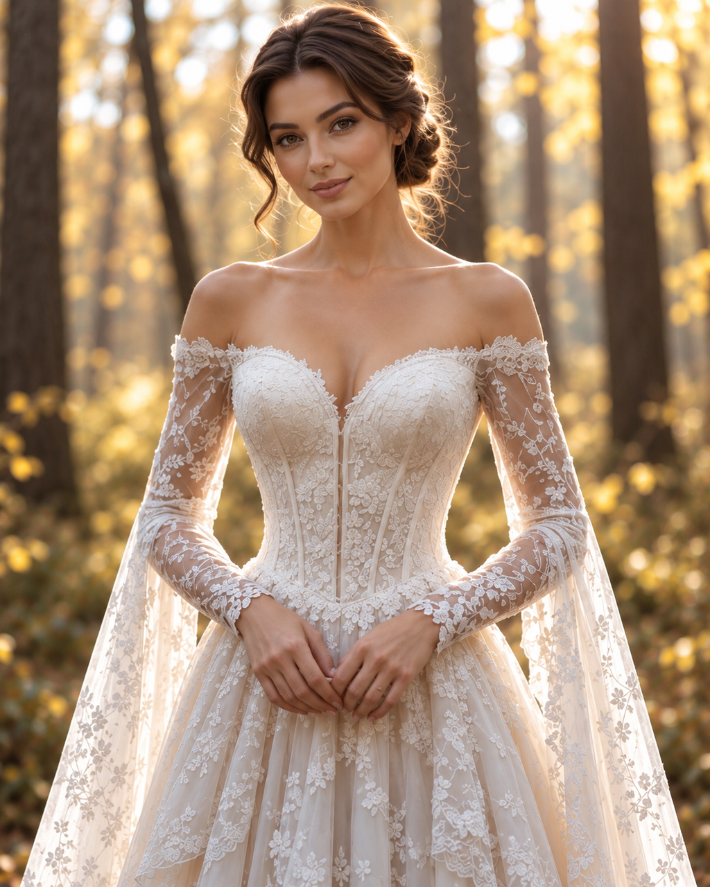 Off Shoulder Lace Wedding Dress with Cape Sleeves, Corset Bridal Gown, Romantic A-Line Wedding Dress with Long Train