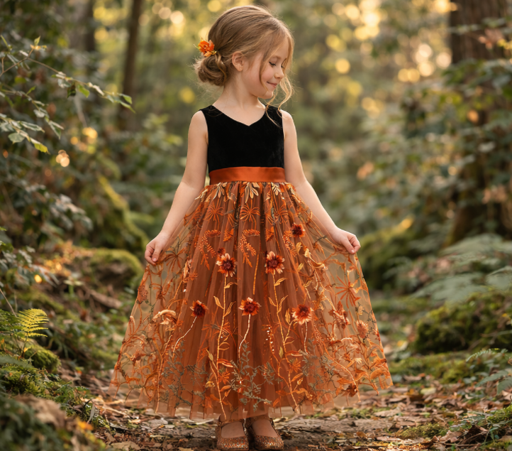 Girls Black and Orange Flower Girl Dress, Elegant Princess Tulle Dress with Floral Embroidery, Long Sleeve Wedding Party Dress for Kids