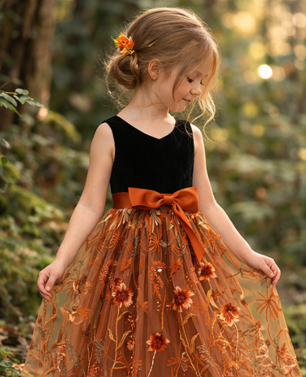 Girls Black and Orange Flower Girl Dress, Elegant Princess Tulle Dress with Floral Embroidery, Long Sleeve Wedding Party Dress for Kids
