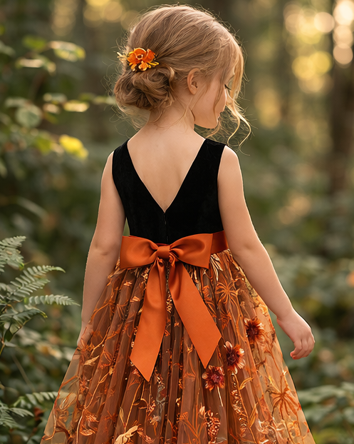 Girls Black and Orange Flower Girl Dress, Elegant Princess Tulle Dress with Floral Embroidery, Long Sleeve Wedding Party Dress for Kids