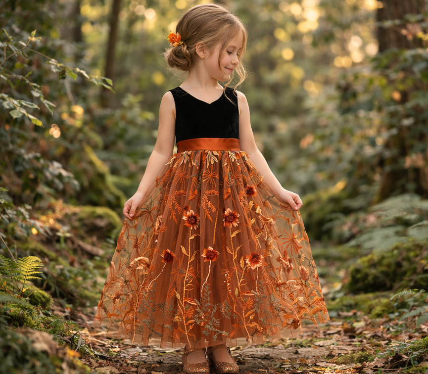 Girls Black and Orange Flower Girl Dress, Elegant Princess Tulle Dress with Floral Embroidery, Long Sleeve Wedding Party Dress for Kids