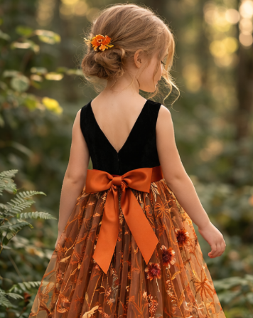 Girls Black and Orange Flower Girl Dress, Elegant Princess Tulle Dress with Floral Embroidery, Long Sleeve Wedding Party Dress for Kids